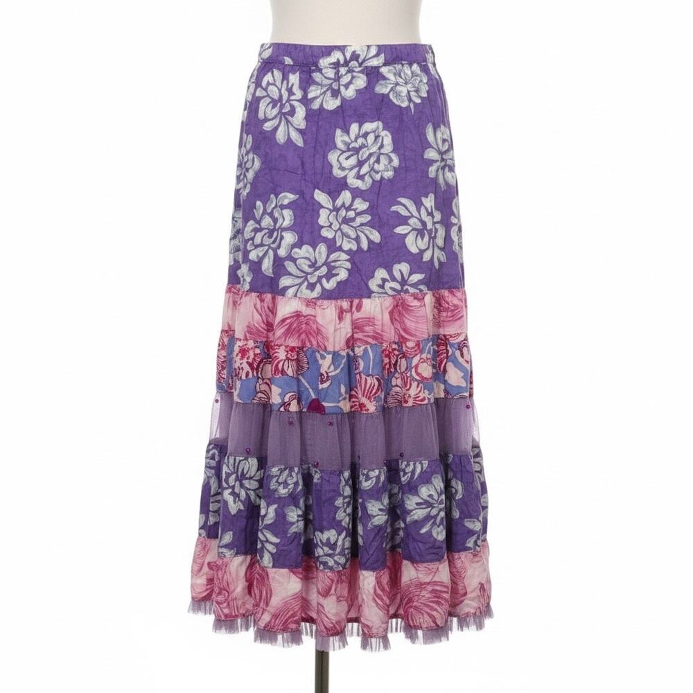 Usindo Floral Tiered Patchwork Boho Midi Skirt Purple Pink Large Flowy Whimsical